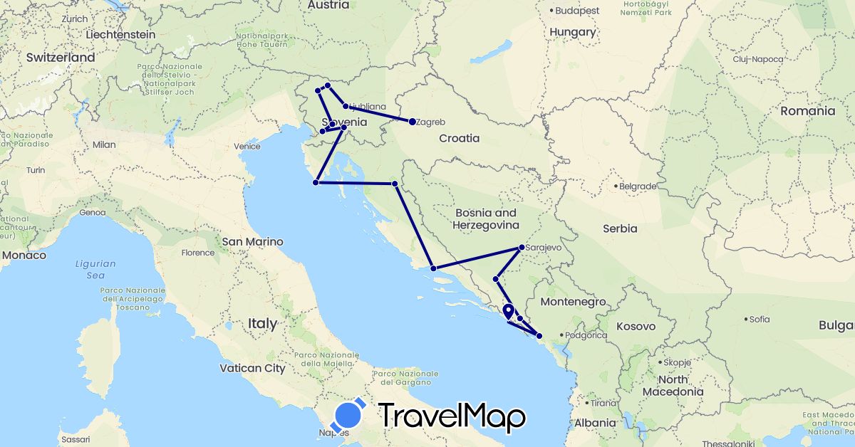TravelMap itinerary: driving in Bosnia and Herzegovina, Croatia, Montenegro, Slovenia (Europe)